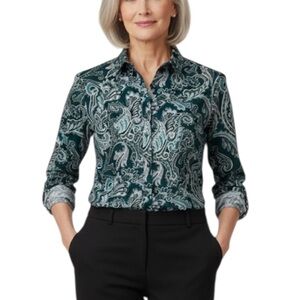 Talbots Haberdashery Paisley Cotton Button Down Shirt Medium Forest Green